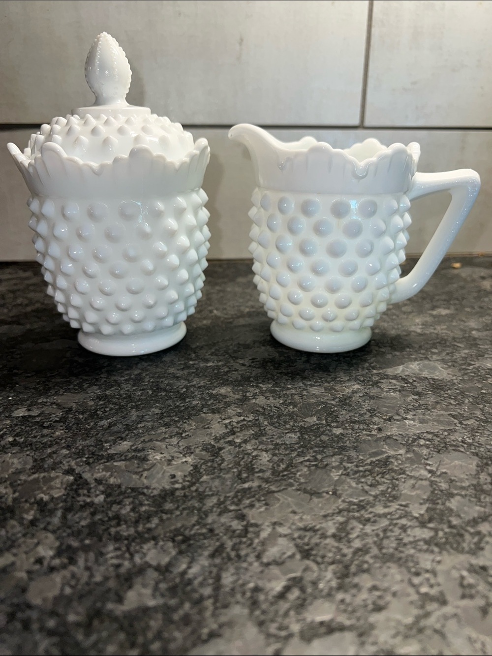 Vintage White Hobnail Milk Glass Creamer & Covered Sugar Set